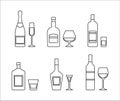 Outline icons of alcohol bottles beverages and glasses. Vector illustration