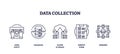 Outline icons representing data input, database, cloud storage, survey form,...