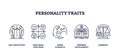 Outline icons representing self-reflection, emotional spectrum, inner strength, personal