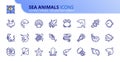Simple set of outline icons about sea animals. Sea world