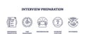 Outline icons set depicting professional presentation, time management, professionalism, interview...