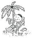 Outline illustration of child sunbathing at the beach under a palm tree Royalty Free Stock Photo