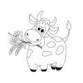 Outline illustration of cute cow with flowers.