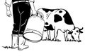 Outline illustration of a farmer with a milk can and a cow grazing in a meadow.