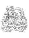 outline illustration with gnomes in a magical forest