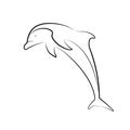 Outline illustration of a jumping dolphin. Line art. The object is separate from the background