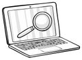 Outline illustration of laptop with magnifying glass on screen, data research concept, internet security issues, device Royalty Free Stock Photo