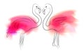 Outline illustration of pair flamingo with pink color stains on white background. Love in relationship. Contour family bird. Royalty Free Stock Photo