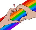 Outline illustration of a pair of human hands in a heart on a rainbow flag. Love of same sex people. Pride and freedom in feelings