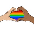 Outline illustration of a pair of human hands in rainbow heart. Greeting card love of same sex pair for valentines day. Pride