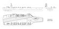 Outline image of aircraft carrier. Military ship. Top, front and side view. Battleship model. Warship in flat style Royalty Free Stock Photo