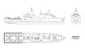 Outline image of military ship. Top, front and side view. Battleship. Industrial isolated drawing of boat. Warship USS Royalty Free Stock Photo