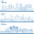 Outline Indore, Agra and Thane India City Skylines Set with Blue Buildings