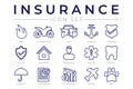 Outline Insurance Icon Set with Car, Property, Fire, Life, Pet, Travel, Dental, Commercial, Health, Marine, Liability Web Icons Royalty Free Stock Photo
