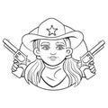 Vector round illustration with young girl in sheriff hat and two revolvers in her hands. Royalty Free Stock Photo