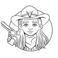 Outline isolated vector illustration with young rodeo girl in cowboy hat and revolver in her hand. Royalty Free Stock Photo