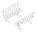 Outline isometric wooden park bench set. Vector illustration.