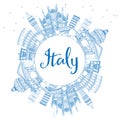 Outline Italy Skyline with Blue Landmarks and Copy Space.