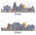 Outline Jaipur and Pune India City Skyline Set