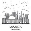 Outline Jakarta Indonesia City Skyline with Modern Buildings Isolated on White