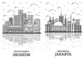 Outline Jakarta Indonesia and Incheon South Korea City Skyline Set
