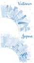 Outline Japan and Vietnam City Skylines Set with Blue Buildings and Copy Space
