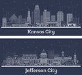 Outline Jefferson City and Kansas City Missouri city skyline set with white buildings. Illustration. Business travel and tourism