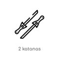 outline 2 katanas vector icon. isolated black simple line element illustration from weapons concept. editable vector stroke 2