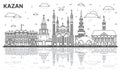 Outline Kazan Russia city skyline with historic buildings and reflections isolated on white. Kazan cityscape with landmarks Royalty Free Stock Photo