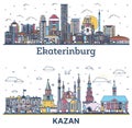 Outline Kazan and Yekaterinburg Russia City Skyline set with Color Buildings Isolated on White. Cityscape with Landmarks Royalty Free Stock Photo