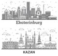Outline Kazan and Yekaterinburg Russia City Skyline set with Modern Buildings Isolated on White. Cityscape with Landmarks Royalty Free Stock Photo