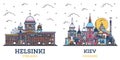 Outline Kiev Ukraine and Helsinki Finland City Skyline Set