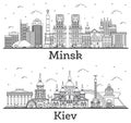 Outline Kiev Ukraine and Minsk Belarus City Skylines Set with Modern Buildings Isolated on White