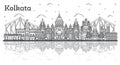 Outline Kolkata India City Skyline with Historic Buildings and Reflections Isolated on White