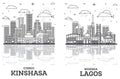 Outline Lagos Nigeria and Kinshasa Congo City Skyline set with Modern Buildings and Reflections Isolated on White. Cityscape with