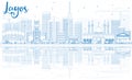Outline Lagos Skyline with Blue Buildings and Reflections.