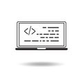 Outline laptop black icon with code on the screen on white background. Royalty Free Stock Photo