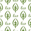 Outline of leaf and text Eco. Ecological seamless pattern. Drawn by hand.