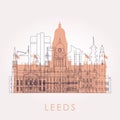 Outline Leeds skyline with landmarks.