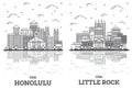 Outline Little Rock Arkansas and Honolulu Hawaii USA City Skyline Set