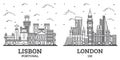 Outline London England UK and Lisbon Portugal City Skyline Set