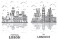Outline London England UK and Lisbon Portugal City Skyline Set