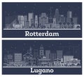 Outline Lugano Switzerland and Rotterdam Netherlands City Skyline Set