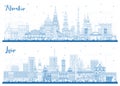 Outline Lviv and Kharkiv Ukraine City Skyline Set with Blue Buildings