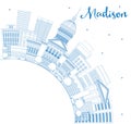 Outline Madison Skyline with Blue Buildings and Copy Space.