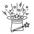 Outline magic hat with wand stick and stars. Magical performance template. A magical icon in flat style, isolated on white Royalty Free Stock Photo