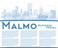Outline Malmo Sweden City Skyline with Blue Buildings and Copy Space