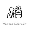 outline man and dollar coin vector icon. isolated black simple line element illustration from productivity concept. editable Royalty Free Stock Photo