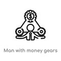 outline man with money gears vector icon. isolated black simple line element illustration from business concept. editable vector Royalty Free Stock Photo