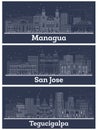 Outline Managua Nicaragua, Tegucigalpa Honduras and San Jose Costa Rica City Skyline with White Buildings